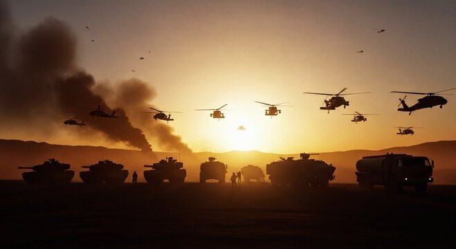 Dramatic military convoy and helicopters at golden hour sunset in a smoky desert landscape featuring tanks armored vehicles and soldiers in silhouette