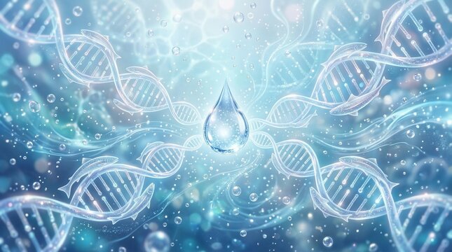 Water droplets illustration and PDRN DNA molecule salmon shapes in blue water bokeh background