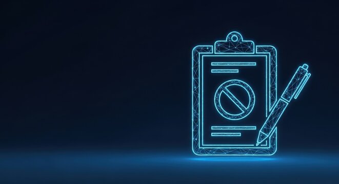 Clipboard document with a forbidden access symbol glowing blue on a dark digital background