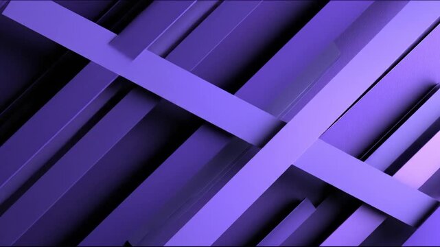 Abstract, geometric artwork composed of intersecting, layered purple and white rectangular forms