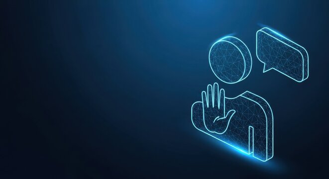 Digital Human Figure Making Stop Gesture with Neon Outline on Abstract Blue Network Background