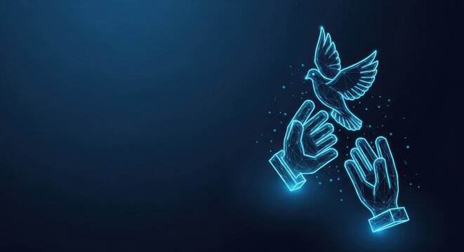 Glowing blue neon wireframe dove released from open hands, symbolizing peace and freedom