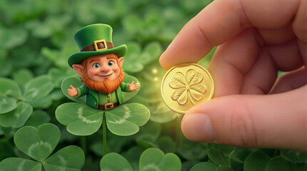 Naklejka premium Golden coin with four-leaf clover held by fingers near tiny leprechaun. St Patrick's Day celebration and folklore concept.