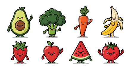 Fototapeta premium Cheerful cartoon fruits and vegetables with smiling faces on white background