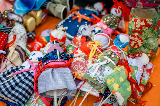 Maslenitsa dolls. 
Homemade Maslenitsa dolls. Unlike the large effigy that is burned, these small amulets made of fabric and bast were made for the home.
They are considered a symbol of prosperity and