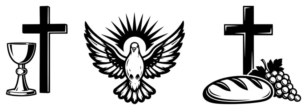 Set of Christian religious symbols including holy chalice dove and cross with bread and grapes