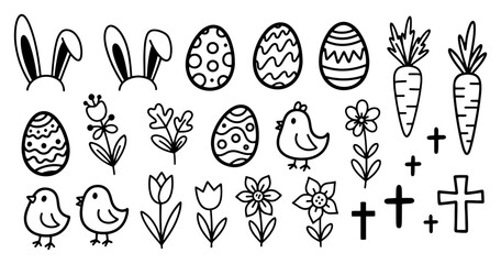 Set of hand drawn easter doodles with eggs chicks and flowers © Celestynka