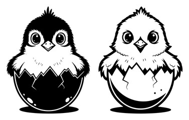 Cute cartoon baby chicks hatching from eggs in clean black and white line art © Celestynka
