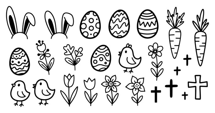 Set of hand drawn easter doodles with eggs chicks and flowers