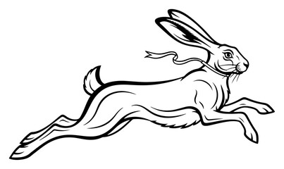 Dynamic running wild hare with a ribbon neck tie in clean black line art style © Celestynka