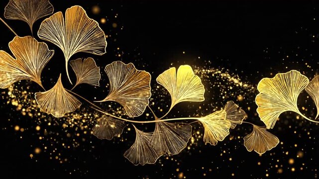 Artistic representation of ginkgo leaves with a gold outline, on a black background