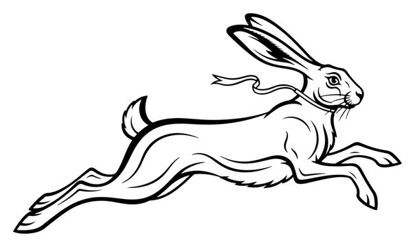 Dynamic running wild hare with a ribbon neck tie in clean black line art style