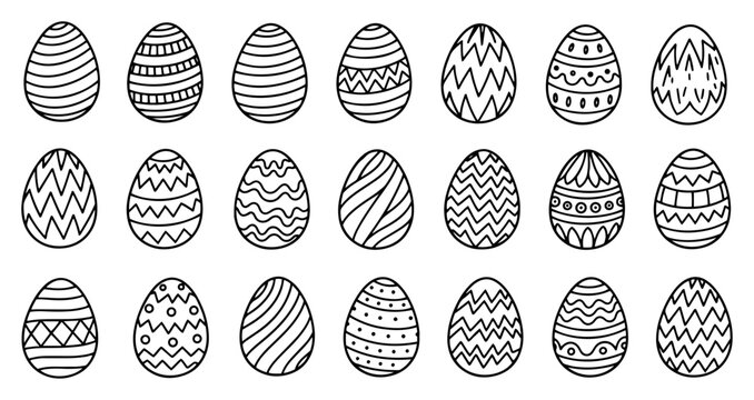 Large set of decorative easter eggs with various patterns line art