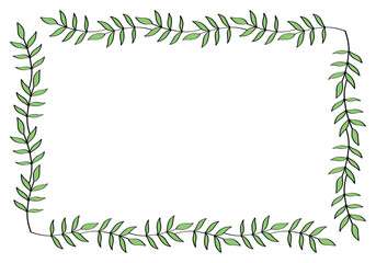 Obraz premium Hand drawn rectangular frame of branches and leaves from bushes and trees. Aesthetic border of evergreen plants. Ideal for decorating and framing flyers, greeting cards, covers, posters, invitations.