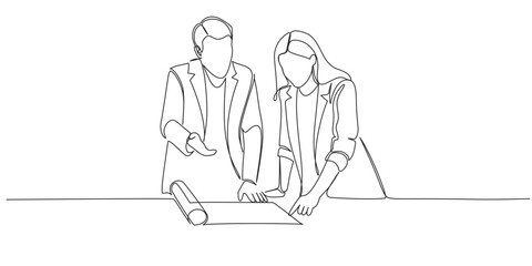 Fototapeta na wymiar business man and woman working together in the office. One line art style vector illustration 