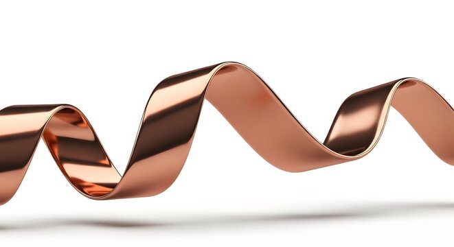 Curved copper metal ribbon winding through space with reflective surface and rose gold color tones isolated on white background for modern decorative concepts