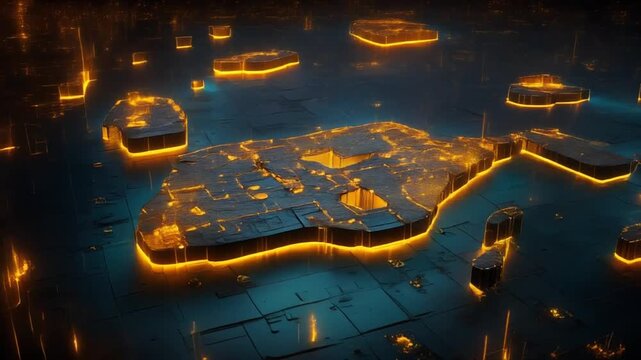 Glowing geometric forms levitate within a dark, textured grid, emitting streams of light