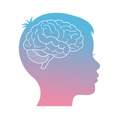 Silhouette of a child's head with a detailed brain illustration inside