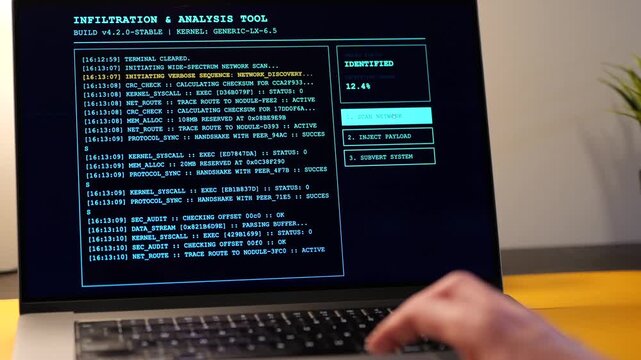 Middle Aged Ethical Hacker Penetration Testing Running Network Infiltration and Analysis Tool - White Hat Hacking Proactive Defense for Cyberattacks