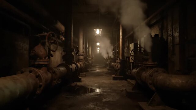 Dark industrial basement with old rusty pipes and steam leaks under dim yellow lamps in a long narrow corridor, eerie atmosphere of a post-apocalyptic bunker