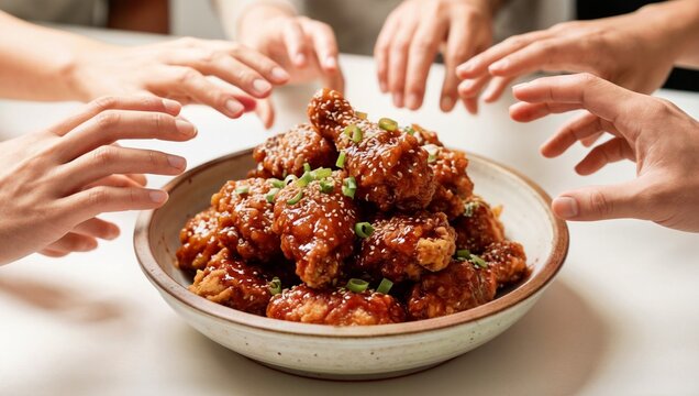 친구들과 함께 맛있는 한국식 양념 치킨을 즐겁게 나누어 먹는 순간을 포착한 사진입니다.