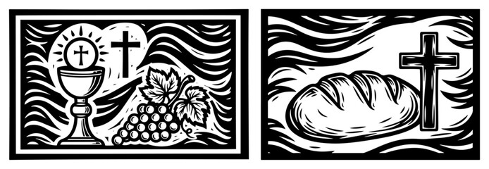 Holy communion elements with bread and cross in vintage engraving style