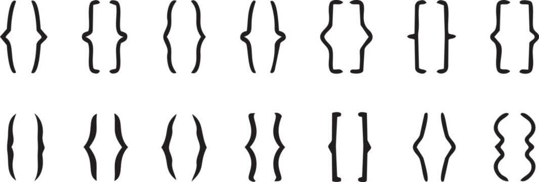 Curly Brackets Patterns: A collection of various curly brackets arrangements on a plain backdrop, showcasing an array of unique shapes and designs. 