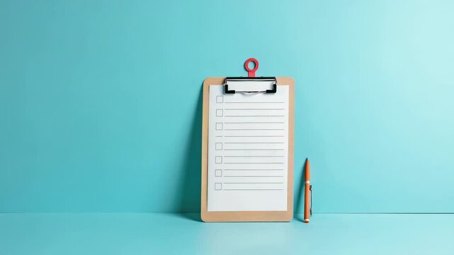 Blank checklist on clipboard with orange pen on blue