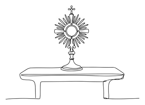 Catholic monstrance on altar table in minimalist one line art style