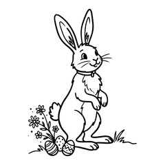 Fototapeta premium Easter bunny standing next to flowers and eggs outline drawing style