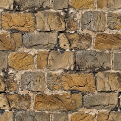 Obraz premium Seamless texture of an ancient, weathered stone wall. Rough natural rocks in earthy tones with visible mortar. Ideal for backgrounds, rustic designs, and architectural concepts.