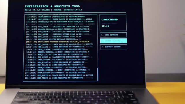 Middle Aged Ethical Hacker Penetration Testing Running Network Infiltration and Analysis Tool - White Hat Hacking Proactive Defense for Cyberattacks