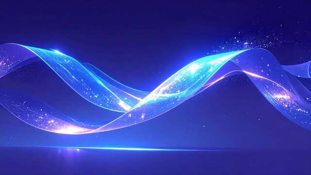 Abstract artwork of swirling ribbons of light, radiating luminosity in a dark blue space