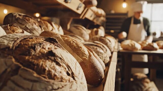 Freshly baked artisan bread displayed on wooden shelves in a bakery