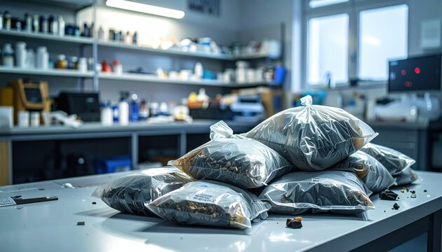 Pile of sealed evidence bags on a lab table, forensic investigation and crime scene analysis
