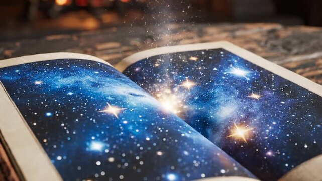 Magical book with glowing stars, open on a table, with a fireplace in the background