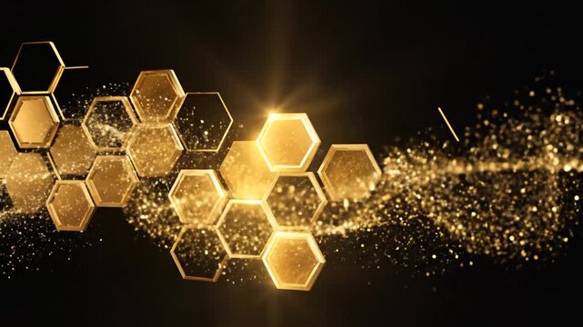 Glowing gold honeycomb pattern with sparkling dust on a dark background. Artistic abstract design