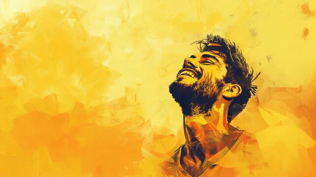 Artistic rendering of a bearded man cheering, set against vibrant yellow abstract background.