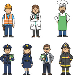 Diverse Professionals Representing Various Occupations and Industries Including Health Safety Food Service Law Enforcement and Emergency Services