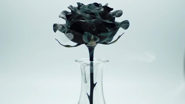 Dark rose in vase against a white background.