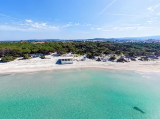Fototapeten Mediterranes Europa Aerial view of Maria Pia beach sandy shore seen from the water on a sunny morning  © Gabriele Maltinti