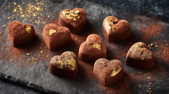 Assortment of heart-shaped artisanal chocolates dusted with cocoa and adorned with gold leaf