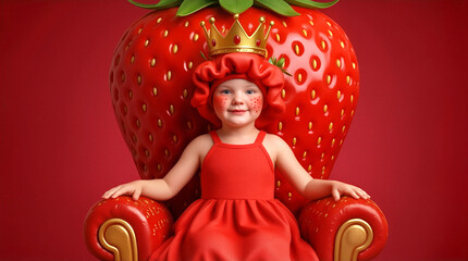 Naklejka premium Little girl wearing crown and strawberry costume sitting on fruit throne. Surreal portrait of a preschooler as a berry queen in a red studio setting.