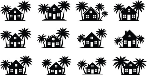 Tropical house silhouettes with palm trees © mdkamran
