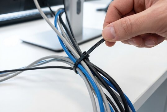 Hands wrapping black plastic zip tie around bundle of computer network cables