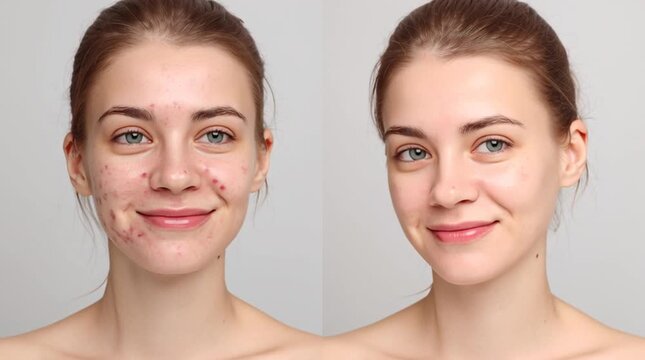 Skin Transformation: A portrait of a woman's face, showcasing a before-and-after skin transformation. From problematic skin to a radiant, flawless complexion.