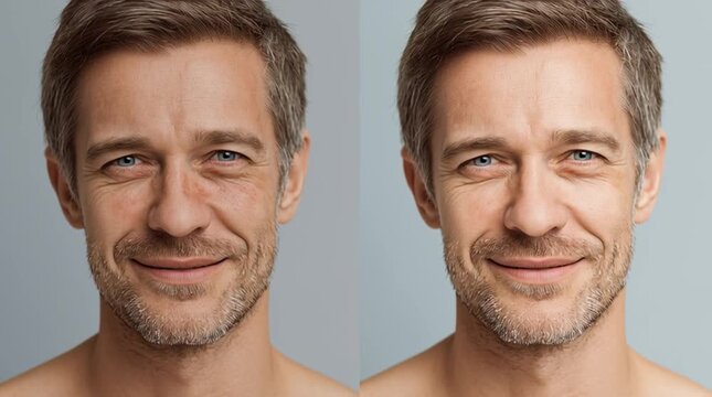 Before and After Transformation: A man's face undergoes a remarkable rejuvenation, revealing the power of skincare. The contrast highlights the journey from fine lines to a radiant.