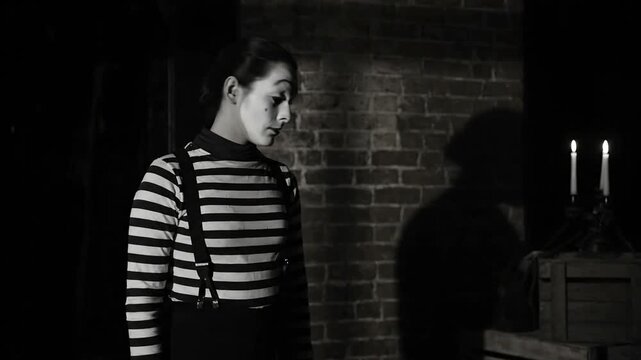 A sad mime stands alone in a dimly lit room with a brick wall and candlelight.