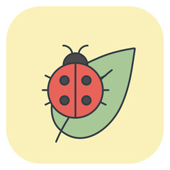 Obraz premium Flat icon of a red ladybug sitting on a green leaf. Vector illustration for spring design