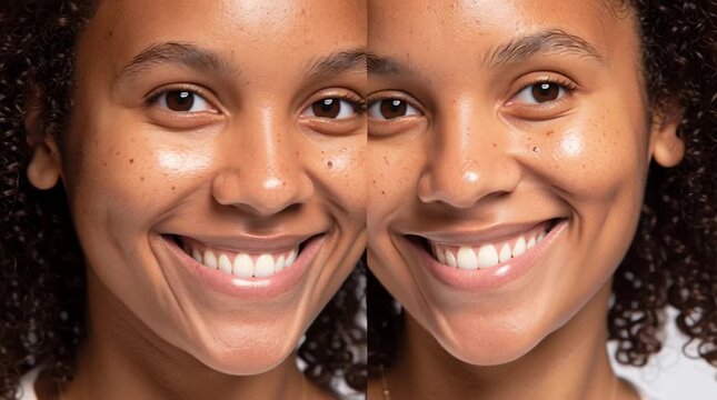 Glowing Skin Transformation: A striking before-and-after portrait unveils the magic of enhanced skin, showcasing a woman's radiant complexion and confident smile. 